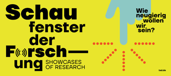 Gelbes Banner mit schwarzer und türkiser Schrift Schaufenster der Forschung – Showcases of Research und der Frage Wie neugierig wollen wir sein? sowie grafischem Pfeilmotiv.